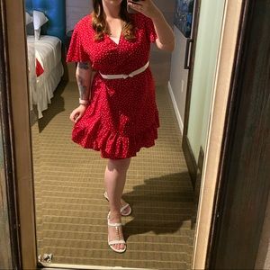 Red and White Polka Pot Wrap Dress with ruffle at hem